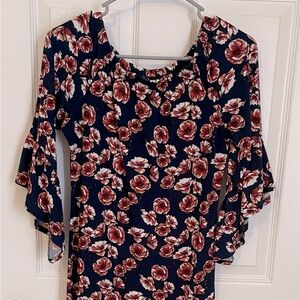 Cute Bell Sleeve Dress from Wrapper, Navy Blue with Red Floral Design, Soft! EUC